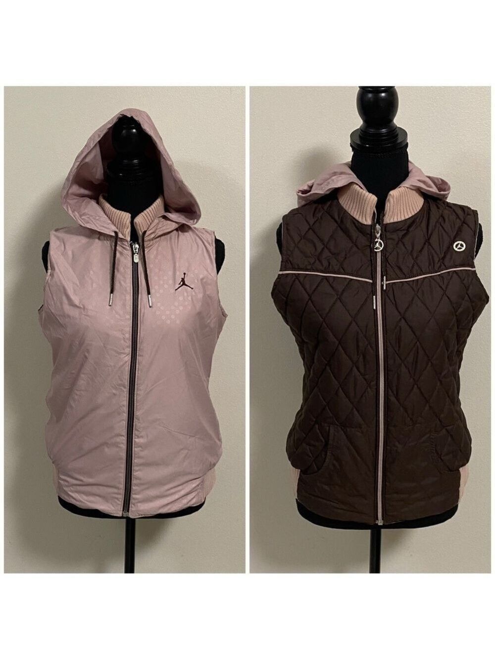Air Jordan Vest Women’s Size Medium Pink Brow. Reversible Hooded Quilted Vest